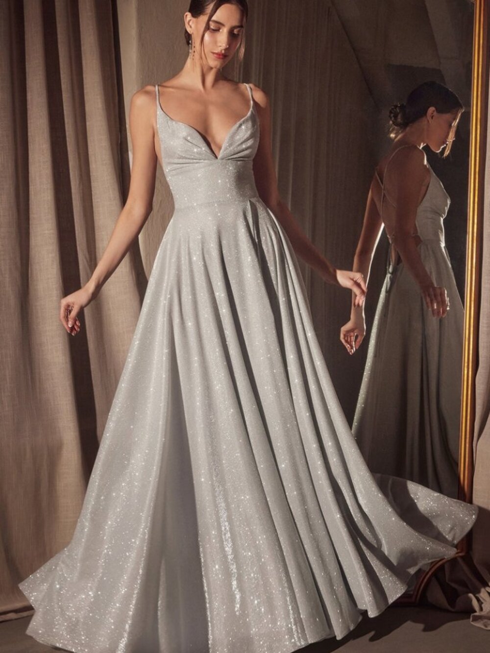 NEW SILVER Evening Gown Floor Length Formal Elegant Stunning T214